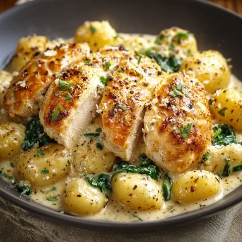A bowl of Asiago Chicken and Gnocchi, featuring chicken, potatoes, and greens.