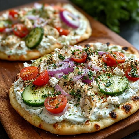 A delicious Tzatziki Chicken Pizza with a variety of toppings, including tomatoes, cucumbers, onions, and cheese, is served on a wooden cutting board.