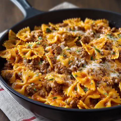 A delicious dish of Creamy Velveeta Bowtie Pasta with Italian Beef Marinara is served in a black pan.