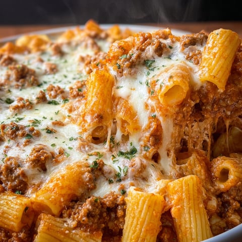 A delicious Cheesy Beef Rigatoni Bake is ready to be served.