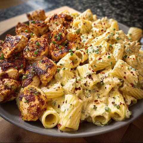 A plate of food with chicken, pasta, and Alfredo sauce.