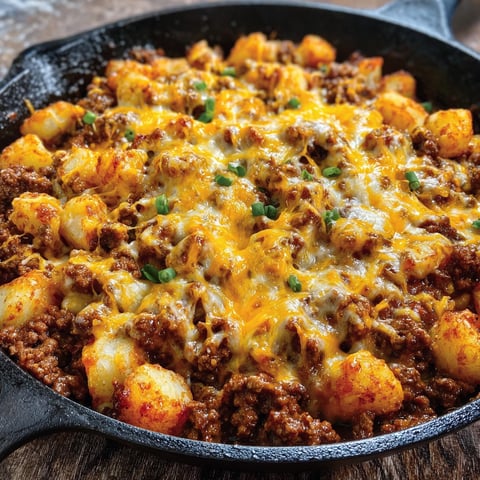 A delicious Sloppy Joe Potato Skillet is cooked and ready to be served.