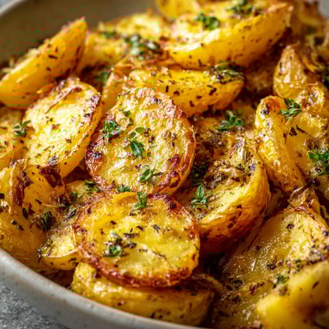A bowl of Greek Lemon Potatoes with Garlic & Oregano, ready to be served.