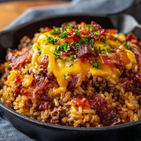 A delicious bacon cheeseburger rice dish served in a black bowl.