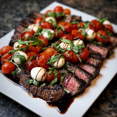 A delicious grilled steak with mozzarella, tomatoes, and fresh basil, served on a white plate.