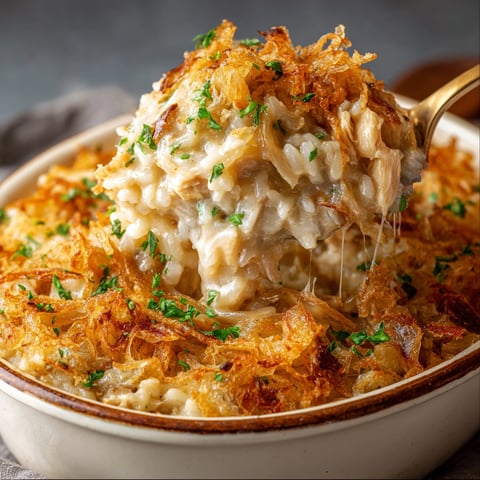 A delicious French Onion Chicken Rice Casserole is being served in a bowl.