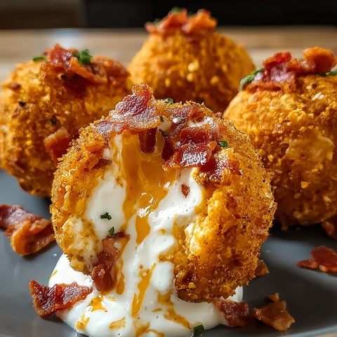 A plate of Buffalo Chicken Bacon Loaded Mozzarella Bombs with a dollop of sour cream on top.