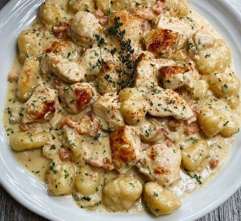 A plate of Creamy Chicken & Gnocchi, with a close-up of the delicious dish.