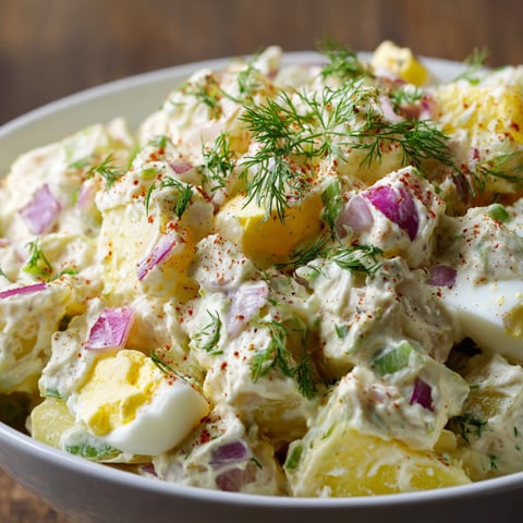 A white bowl filled with a creamy potato salad, topped with eggs and onions.