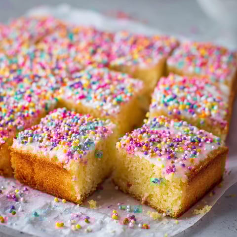 A close-up of a delicious Classic Sprinkle Sponge Cake, cut into square pieces and ready to be enjoyed.