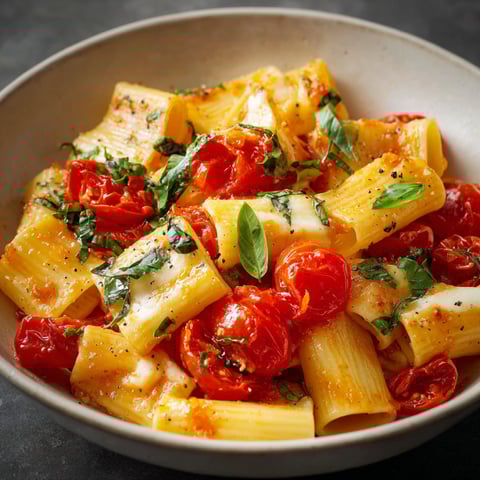 A bowl of pasta alla Sorrentina, featuring a combination of tomatoes, spinach, and cheese, is served on a table.