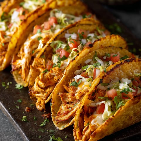A plate of Mini Baked Chicken Tacos is displayed on a table.
