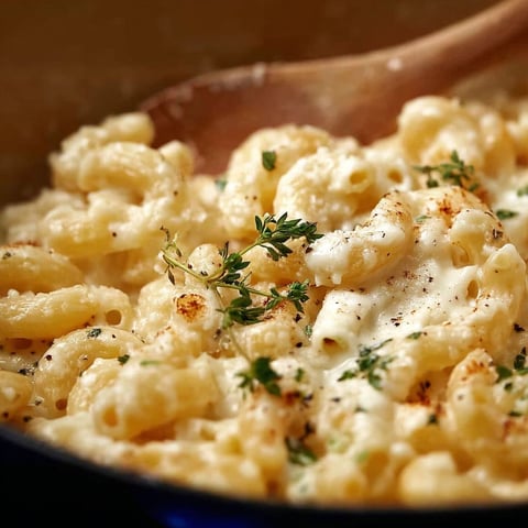 A delicious Brie Mac and Cheese dish is cooked in a pan.