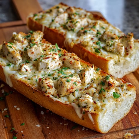 A delicious Chicken Alfredo Garlic Bread is served on a wooden cutting board.