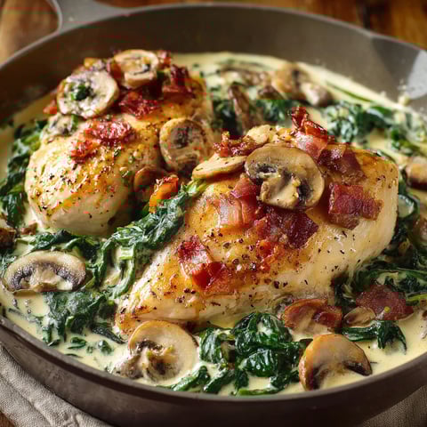 A delicious meal of chicken with creamed spinach, bacon, and mushrooms is served in a pan.