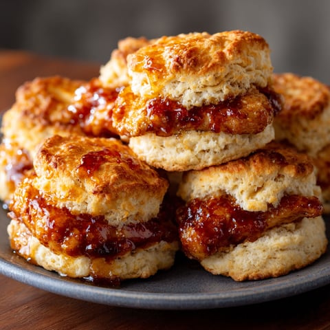 A plate of Hot Honey Chicken Biscuits stacked on top of each other.