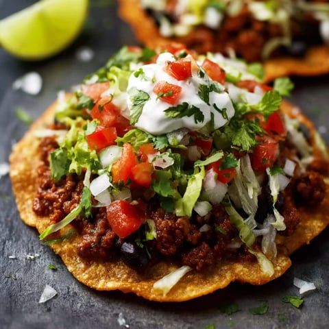 A delicious tostada with ground beef, tomatoes, lettuce, and sour cream.