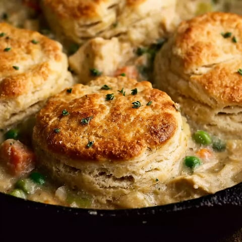 A delicious Biscuit Chicken Pot Pie is served in a black pan.