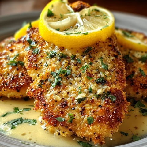A plate of Lemon Pecorino Crusted Chicken with a lemon wedge on top.