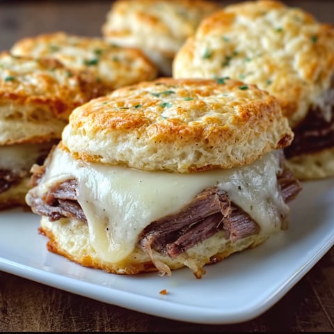 A plate of baked French Dip Biscuits with meat and cheese.