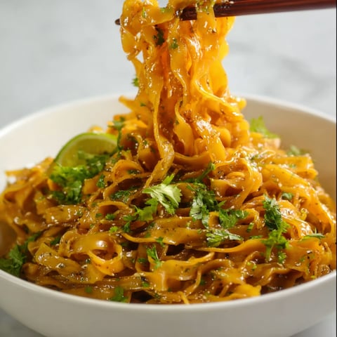 A bowl of Cilantro Lime Noodles being served with chopsticks.