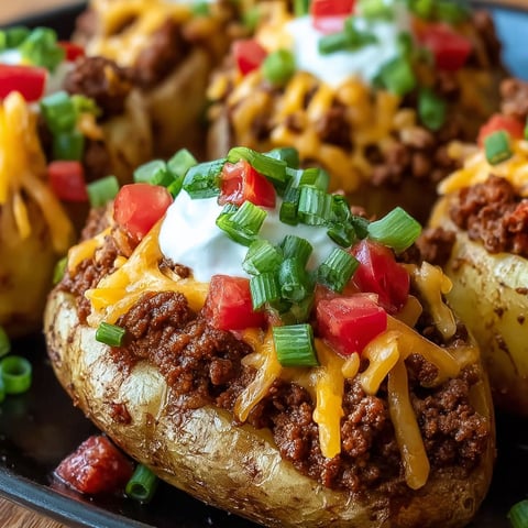 A delicious meal of Taco Loaded Baked Potatoes, topped with cheese, sour cream, and tomatoes.