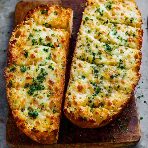 Two slices of garlic bread with cheese and herbs on a wooden cutting board.