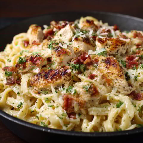 A delicious Cream Cheese Bacon Chicken Pasta dish is served in a black bowl.