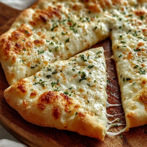 A slice of white pizza with garlic toppings on a wooden cutting board.