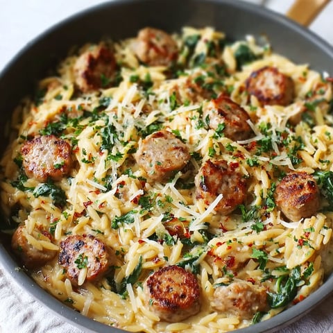 A delicious Creamy Chicken Sausage Orzo dish is served in a bowl.