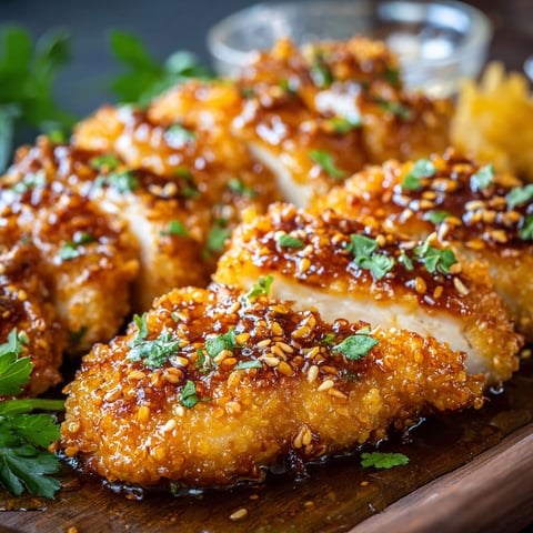 A plate of baked crunchy hot honey chicken with sauce drizzled over it.