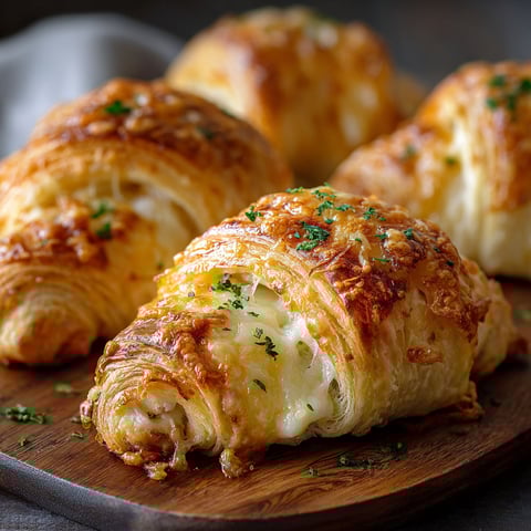 A plate of cheesy chicken crescent rolls is displayed on a wooden cutting board.