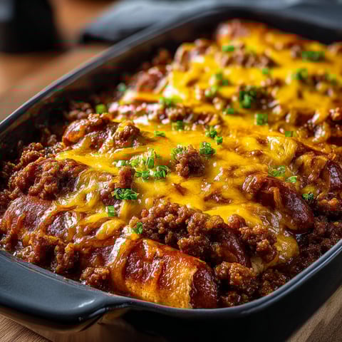 A delicious chili cheese dog casserole in a black bowl.