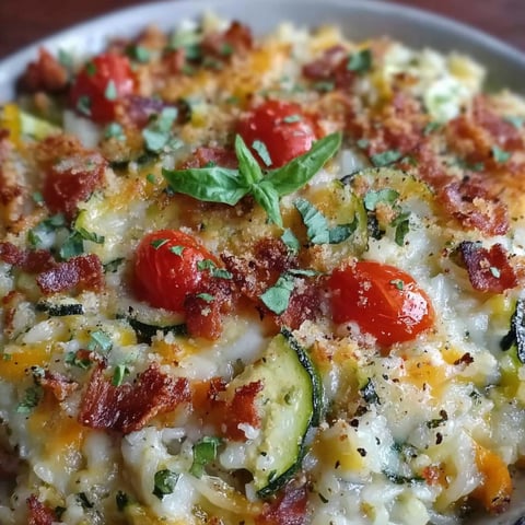 A delicious Loaded Zucchini Rice Bake, topped with bacon and tomatoes, is ready to be enjoyed.