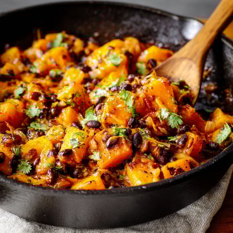 A skillet filled with a delicious Butternut Squash and Black Bean Enchilada dish.