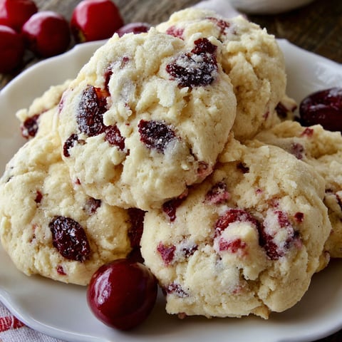 A plate of cherry cookies with a white plate and a bowl of cherries in the background.