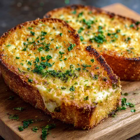 Two pieces of garlic bread with cheese on a wooden cutting board.