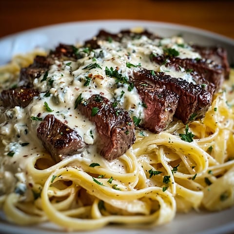 A plate of steak gorgonzola alfredo with a side of pasta.