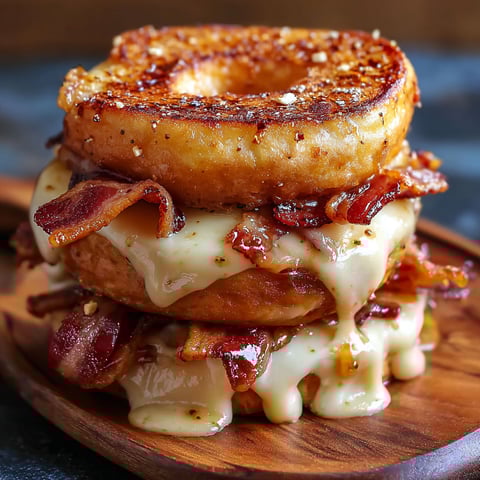 A delicious grilled cheese sandwich with bacon and maple toppings.