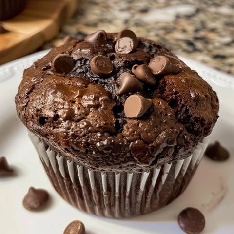 A delicious chocolate muffin with chocolate chips on top, ready to be enjoyed.