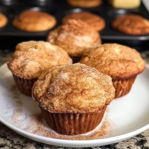 A plate of Snickerdoodle Muffins with a dusting of powdered sugar.