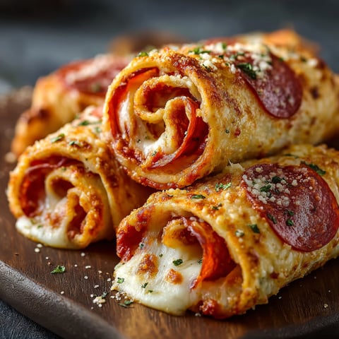 A delicious cheesy pepperoni pizza roll-up is served on a wooden platter.