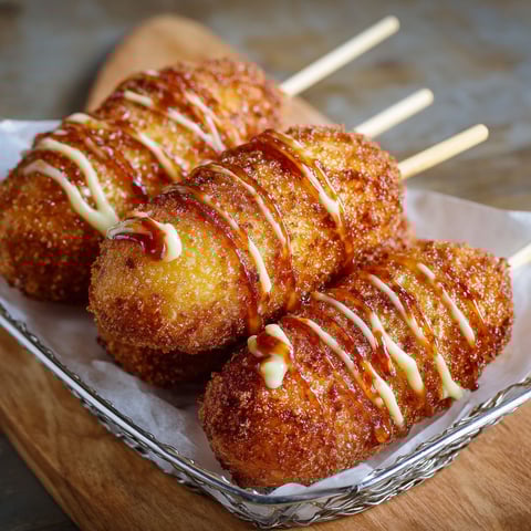 A plate of cheesy Korean rice corn dogs with a drizzle of sauce on top.