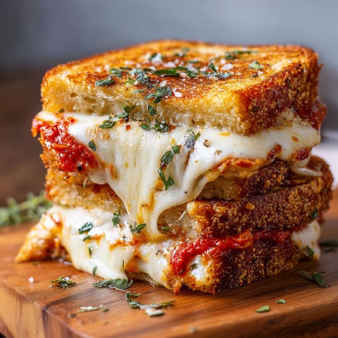 A stack of grilled cheese sandwiches with tomato sauce and Parmesan cheese, also known as Lazy Chicken Parmesan Grilled Cheese.