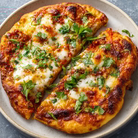 A slice of pizza with cheese and herbs on a plate.