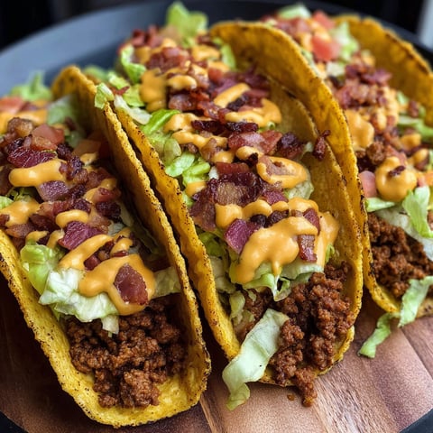 Two loaded bacon cheeseburger tacos with lettuce and cheese on a wooden platter.