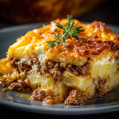 A delicious Ground Beef Potato Casserole is served on a plate.