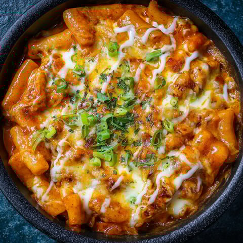 A bowl of Rosé Tteokbokki, a cheesy and creamy dish, is displayed on a table.