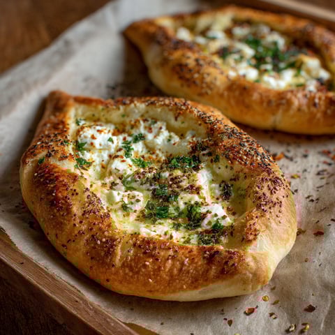 Two cheese fatayers on a wooden board, ready to be baked.