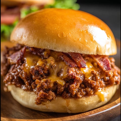 A sloppy joe sandwich with bacon and cheese on a bun.